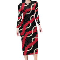 Aloha Ula'ula Hibiscus Pikake Lei Long Sleeve Bodycon Dress Hawaiian Quilt Pattern LT9 Long Dress Black - Polynesian Pride