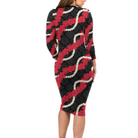 Aloha Ula'ula Hibiscus Pikake Lei Long Sleeve Bodycon Dress Hawaiian Quilt Pattern LT9 - Polynesian Pride