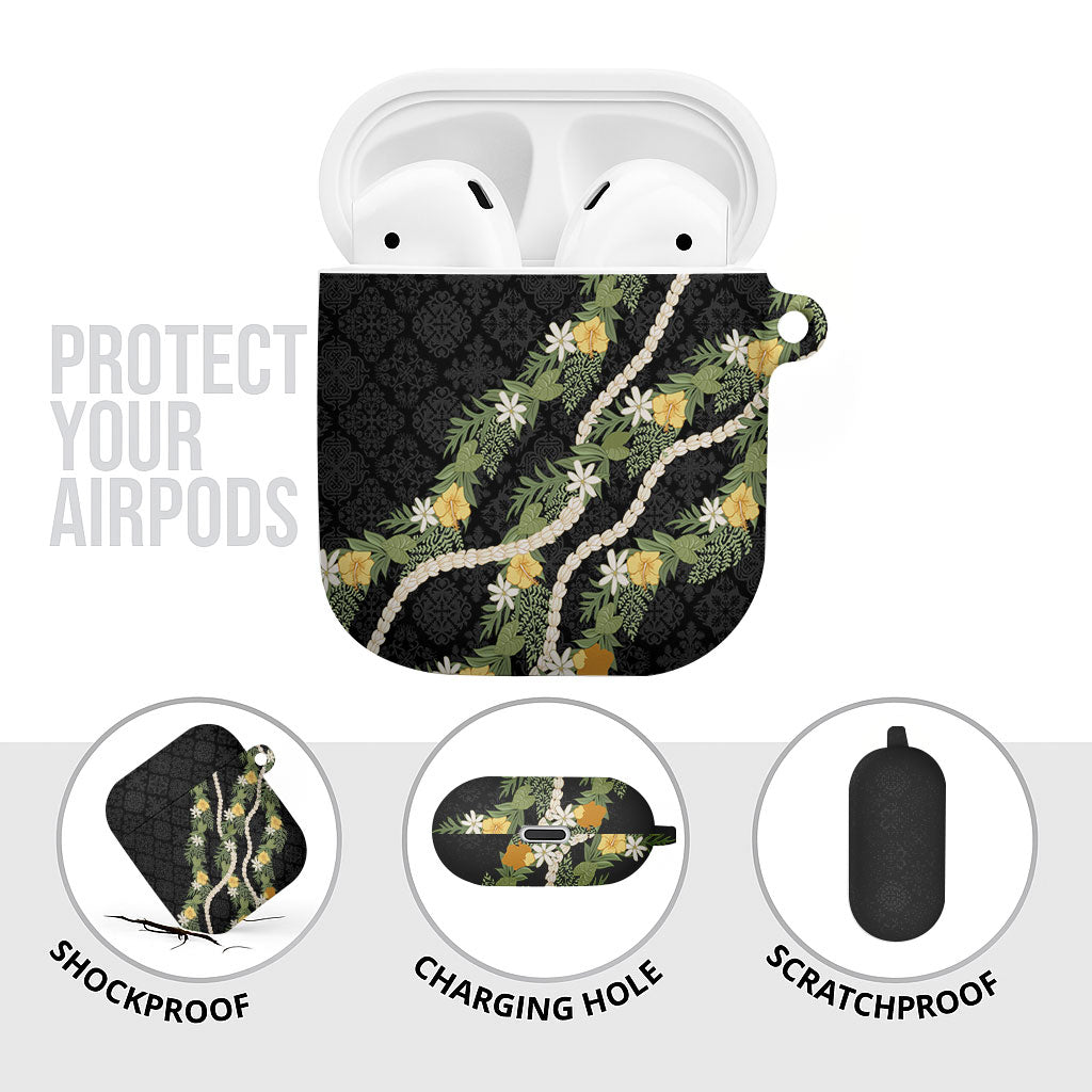 Puakenikeni Anthurium Pikake Lei AirPods Case Hawaiian Quilt Pattern