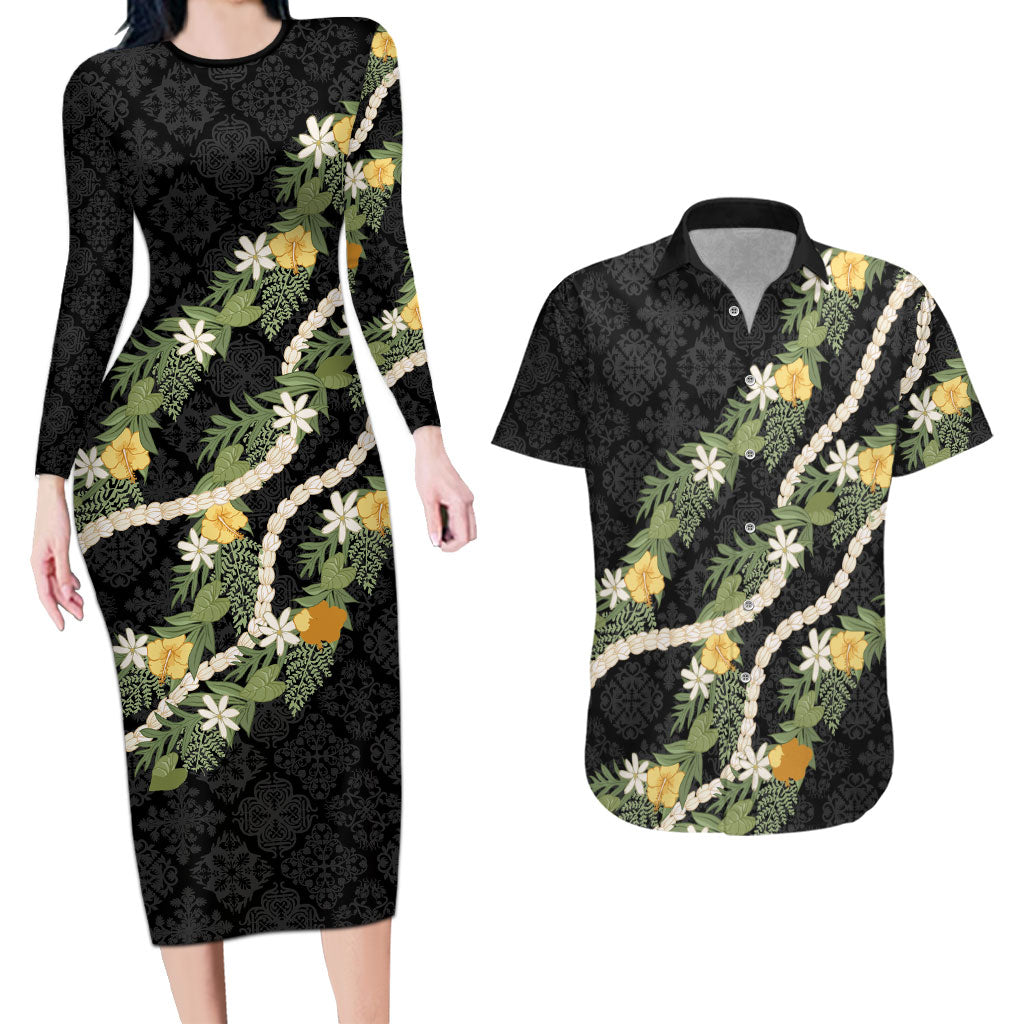 Puakenikeni Anthurium Pikake Lei Couples Matching Long Sleeve Bodycon Dress and Hawaiian Shirt Hawaiian Quilt Pattern LT9 Black - Polynesian Pride