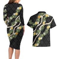 Puakenikeni Anthurium Pikake Lei Couples Matching Long Sleeve Bodycon Dress and Hawaiian Shirt Hawaiian Quilt Pattern LT9 - Polynesian Pride