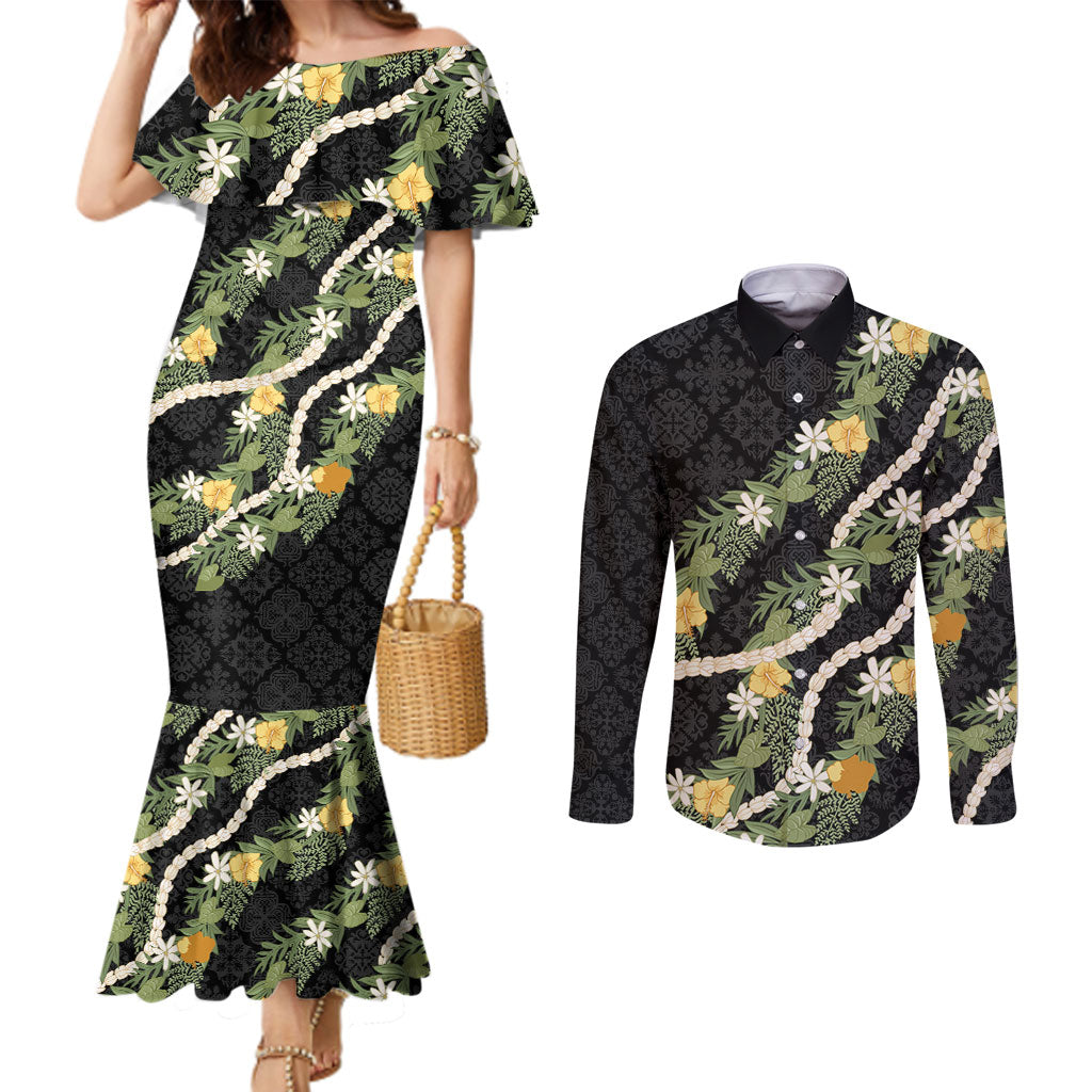 Puakenikeni Anthurium Pikake Lei Couples Matching Mermaid Dress and Long Sleeve Button Shirt Hawaiian Quilt Pattern LT9 Black - Polynesian Pride