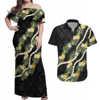 Puakenikeni Anthurium Pikake Lei Couples Matching Off Shoulder Maxi Dress and Hawaiian Shirt Hawaiian Quilt Pattern LT9 Black - Polynesian Pride