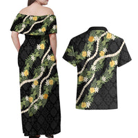Puakenikeni Anthurium Pikake Lei Couples Matching Off Shoulder Maxi Dress and Hawaiian Shirt Hawaiian Quilt Pattern LT9 - Polynesian Pride