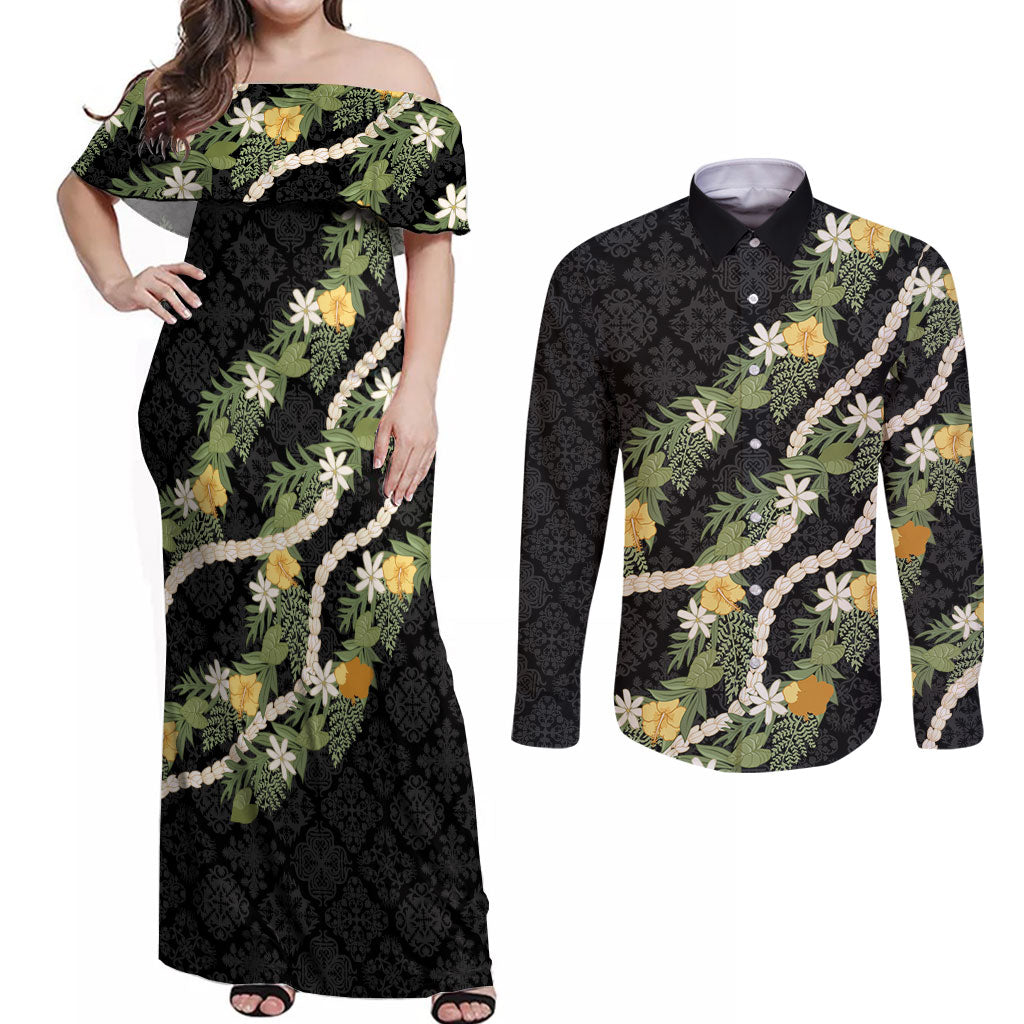 Puakenikeni Anthurium Pikake Lei Couples Matching Off Shoulder Maxi Dress and Long Sleeve Button Shirt Hawaiian Quilt Pattern