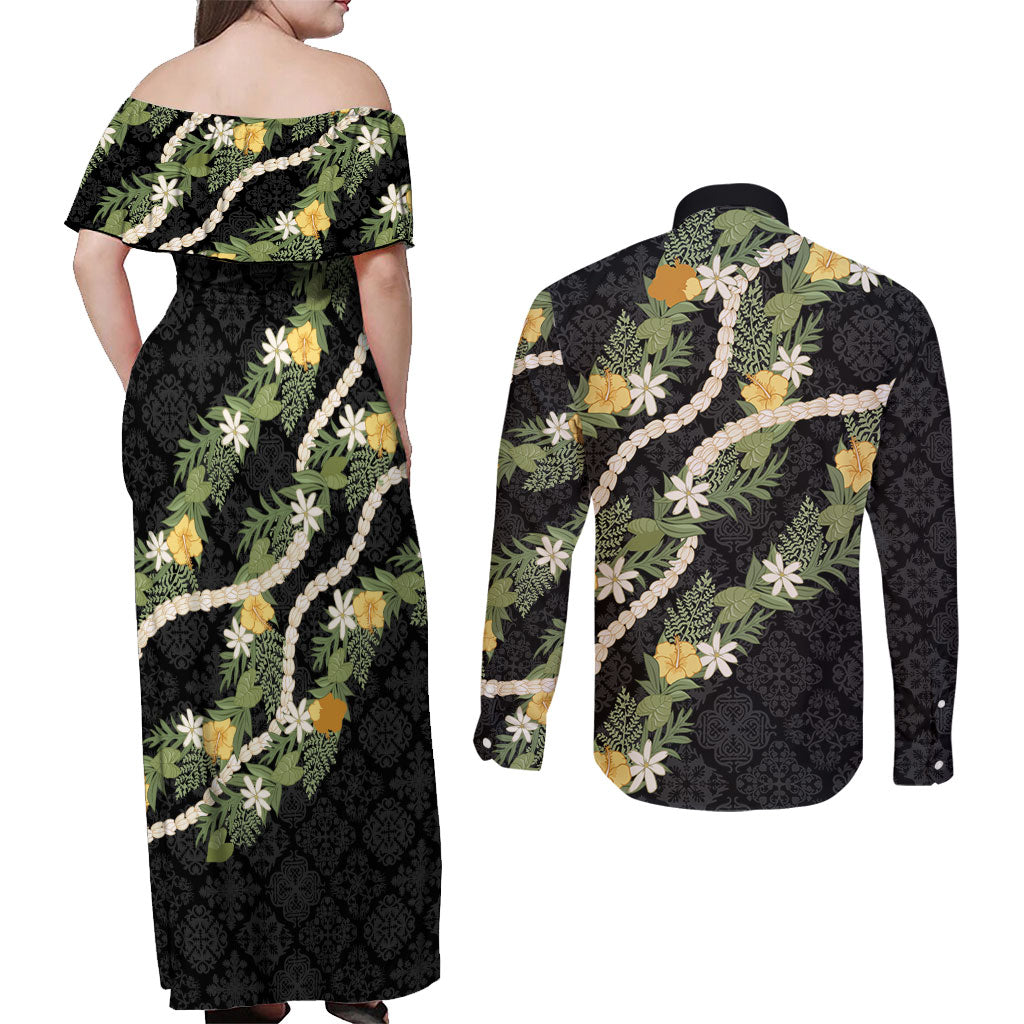Puakenikeni Anthurium Pikake Lei Couples Matching Off Shoulder Maxi Dress and Long Sleeve Button Shirt Hawaiian Quilt Pattern