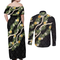 Puakenikeni Anthurium Pikake Lei Couples Matching Off Shoulder Maxi Dress and Long Sleeve Button Shirt Hawaiian Quilt Pattern
