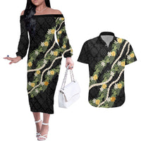 Puakenikeni Anthurium Pikake Lei Couples Matching Off The Shoulder Long Sleeve Dress and Hawaiian Shirt Hawaiian Quilt Pattern LT9 Black - Polynesian Pride