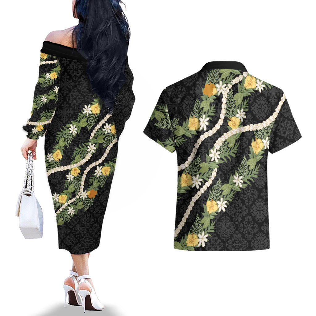 Puakenikeni Anthurium Pikake Lei Couples Matching Off The Shoulder Long Sleeve Dress and Hawaiian Shirt Hawaiian Quilt Pattern LT9 - Polynesian Pride