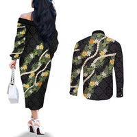 Puakenikeni Anthurium Pikake Lei Couples Matching Off The Shoulder Long Sleeve Dress and Long Sleeve Button Shirt Hawaiian Quilt Pattern LT9 - Polynesian Pride
