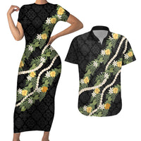 Puakenikeni Anthurium Pikake Lei Couples Matching Short Sleeve Bodycon Dress and Hawaiian Shirt Hawaiian Quilt Pattern LT9 Black - Polynesian Pride