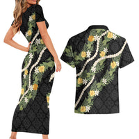 Puakenikeni Anthurium Pikake Lei Couples Matching Short Sleeve Bodycon Dress and Hawaiian Shirt Hawaiian Quilt Pattern LT9 - Polynesian Pride