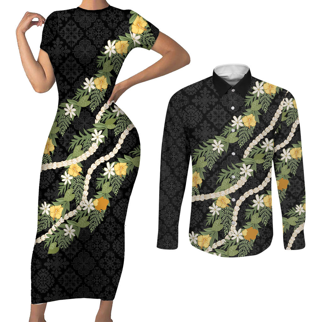 Puakenikeni Anthurium Pikake Lei Couples Matching Short Sleeve Bodycon Dress and Long Sleeve Button Shirt Hawaiian Quilt Pattern LT9 Black - Polynesian Pride
