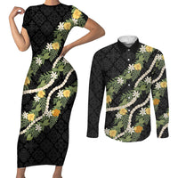 Puakenikeni Anthurium Pikake Lei Couples Matching Short Sleeve Bodycon Dress and Long Sleeve Button Shirt Hawaiian Quilt Pattern LT9 Black - Polynesian Pride