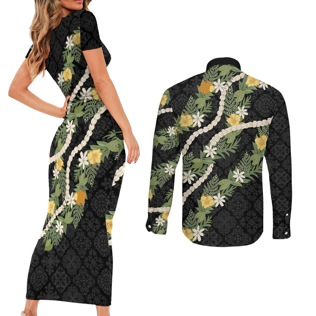 Puakenikeni Anthurium Pikake Lei Couples Matching Short Sleeve Bodycon Dress and Long Sleeve Button Shirt Hawaiian Quilt Pattern LT9 - Polynesian Pride