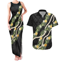 Puakenikeni Anthurium Pikake Lei Couples Matching Tank Maxi Dress and Hawaiian Shirt Hawaiian Quilt Pattern LT9 Black - Polynesian Pride