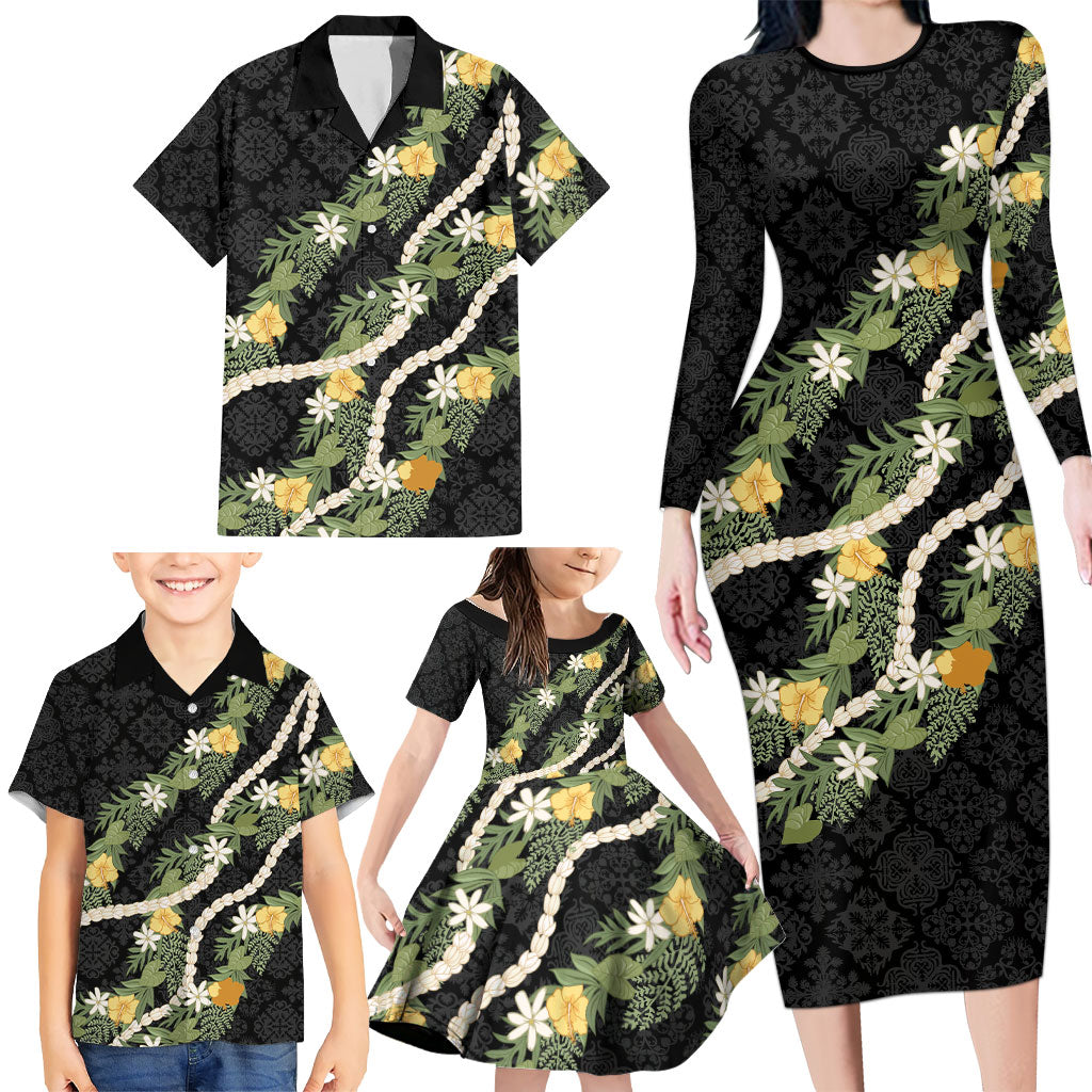 Puakenikeni Anthurium Pikake Lei Family Matching Long Sleeve Bodycon Dress and Hawaiian Shirt Hawaiian Quilt Pattern LT9 - Polynesian Pride