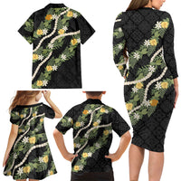 Puakenikeni Anthurium Pikake Lei Family Matching Long Sleeve Bodycon Dress and Hawaiian Shirt Hawaiian Quilt Pattern LT9 - Polynesian Pride