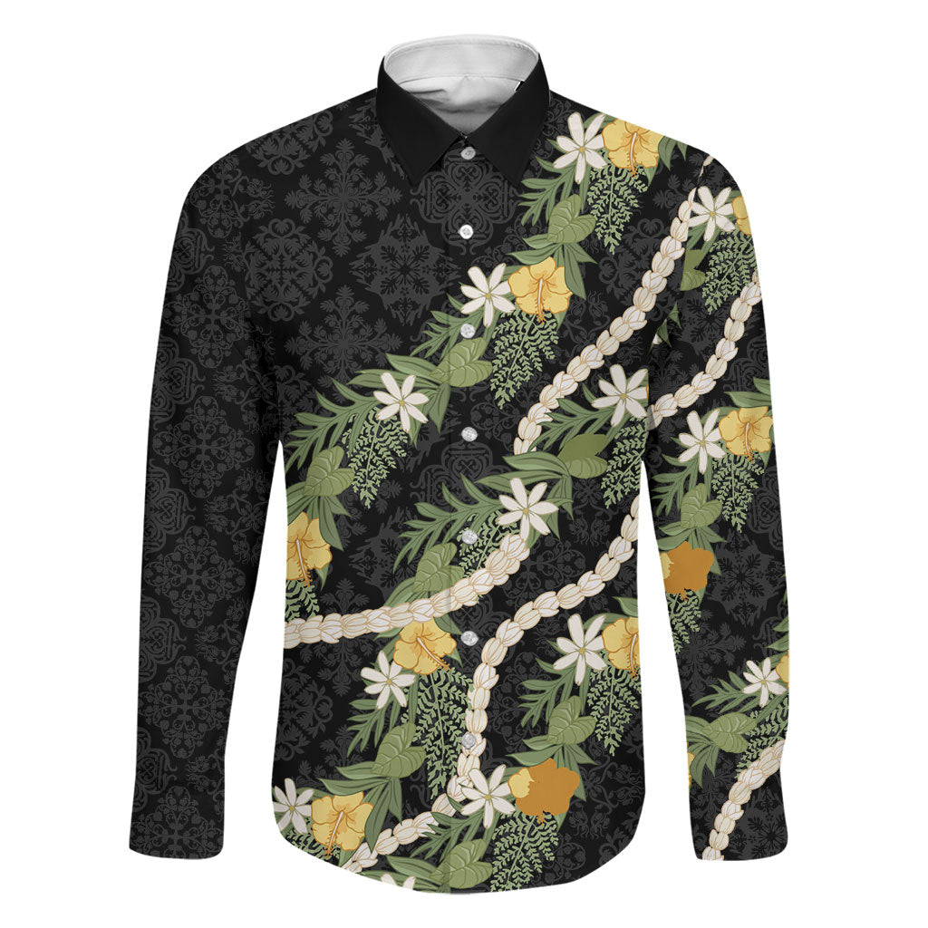 Puakenikeni Anthurium Pikake Lei Family Matching Long Sleeve Bodycon Dress and Hawaiian Shirt Hawaiian Quilt Pattern LT9 Dad's Shirt - Long Sleeve Black - Polynesian Pride