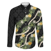 Puakenikeni Anthurium Pikake Lei Family Matching Long Sleeve Bodycon Dress and Hawaiian Shirt Hawaiian Quilt Pattern LT9 Dad's Shirt - Long Sleeve Black - Polynesian Pride