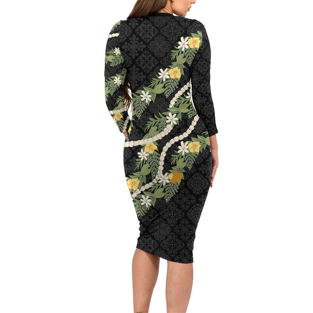Puakenikeni Anthurium Pikake Lei Family Matching Long Sleeve Bodycon Dress and Hawaiian Shirt Hawaiian Quilt Pattern LT9 - Polynesian Pride