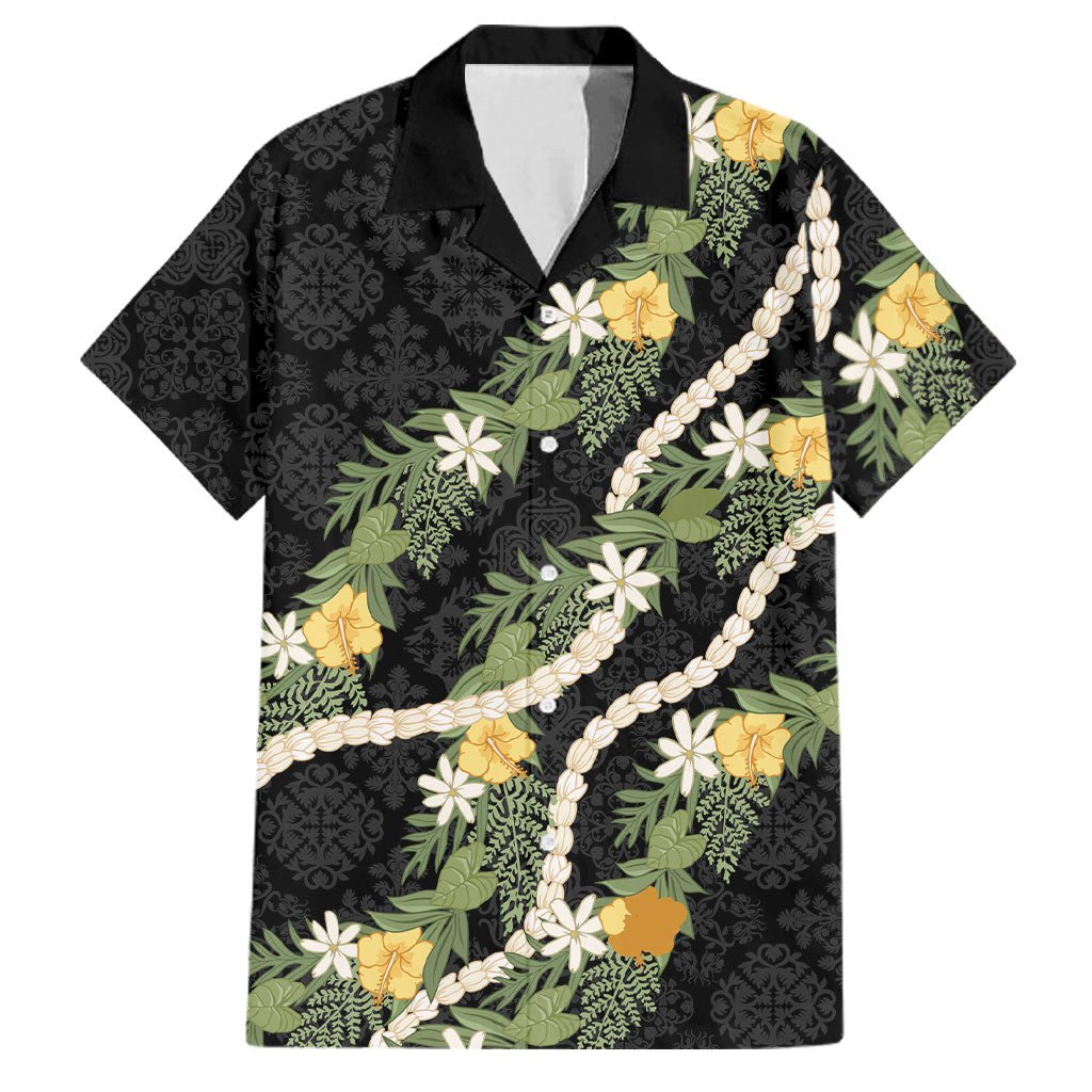 Puakenikeni Anthurium Pikake Lei Family Matching Mermaid Dress and Hawaiian Shirt Hawaiian Quilt Pattern LT9 Dad's Shirt - Short Sleeve Black - Polynesian Pride