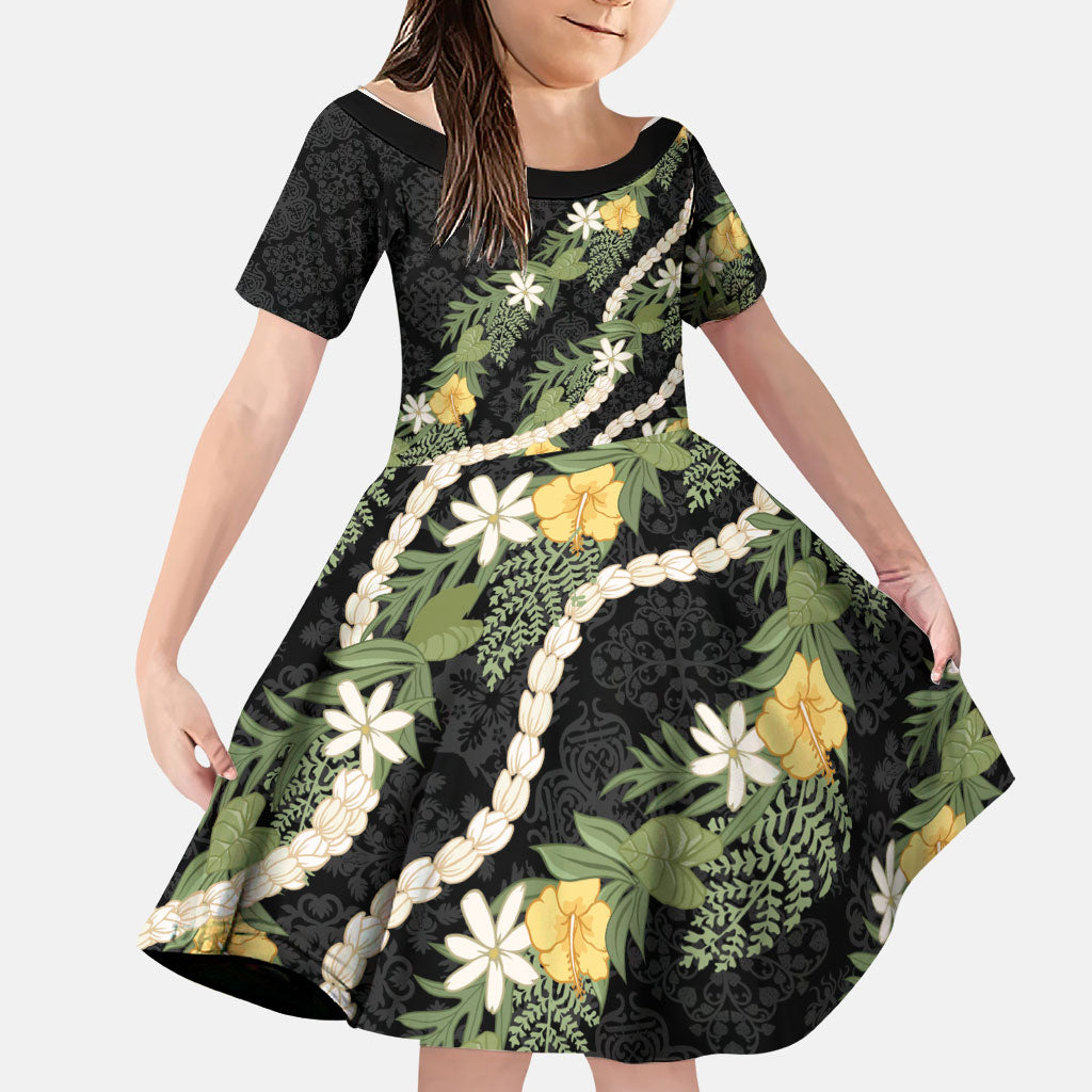 Puakenikeni Anthurium Pikake Lei Family Matching Off Shoulder Maxi Dress and Hawaiian Shirt Hawaiian Quilt Pattern LT9 Daughter's Dress Black - Polynesian Pride