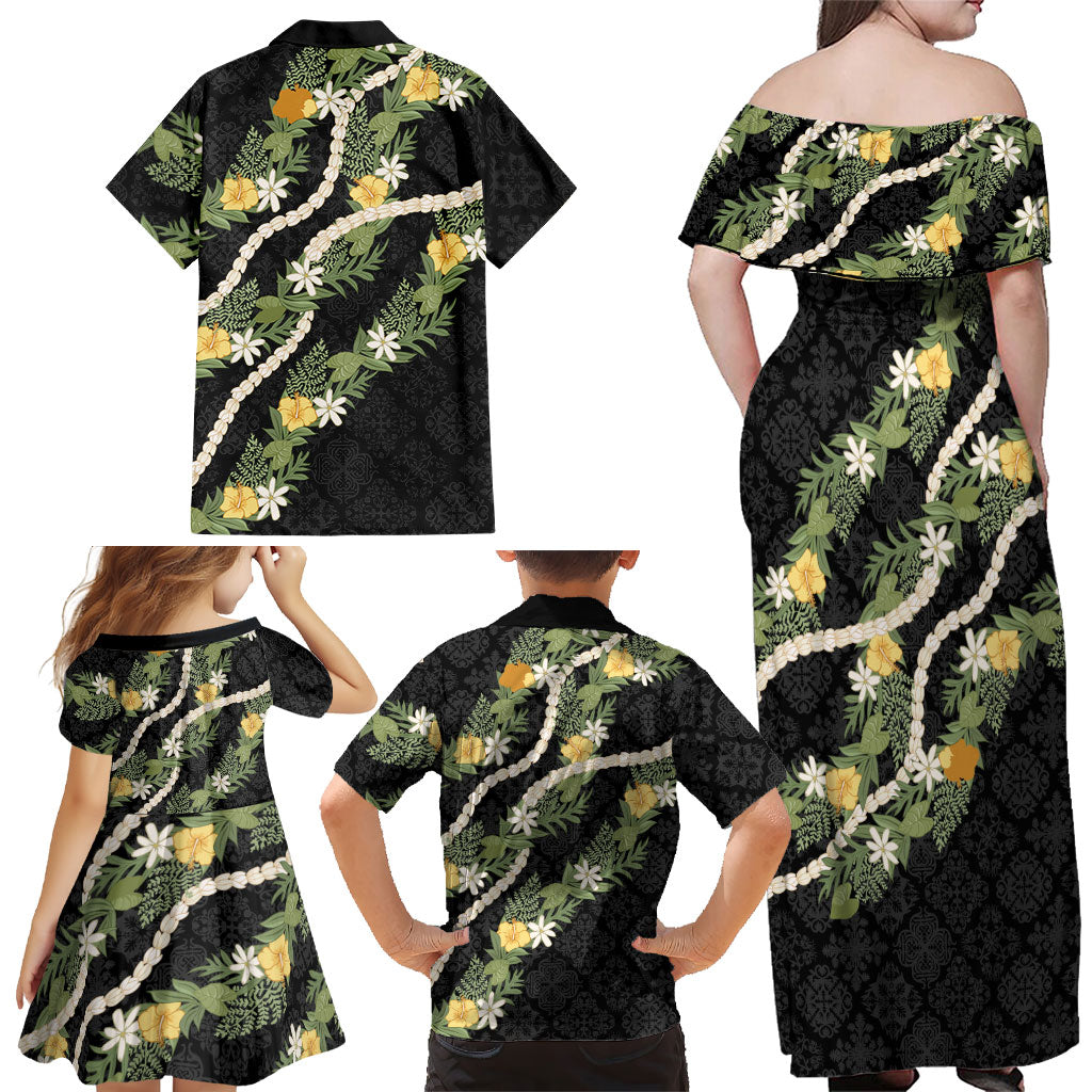 Puakenikeni Anthurium Pikake Lei Family Matching Off Shoulder Maxi Dress and Hawaiian Shirt Hawaiian Quilt Pattern LT9 - Polynesian Pride