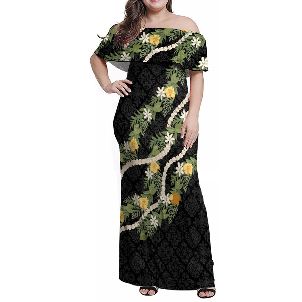 Puakenikeni Anthurium Pikake Lei Family Matching Off Shoulder Maxi Dress and Hawaiian Shirt Hawaiian Quilt Pattern LT9 Mom's Dress Black - Polynesian Pride