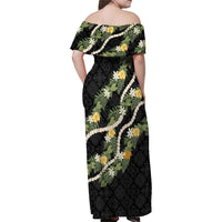 Puakenikeni Anthurium Pikake Lei Family Matching Off Shoulder Maxi Dress and Hawaiian Shirt Hawaiian Quilt Pattern LT9 - Polynesian Pride