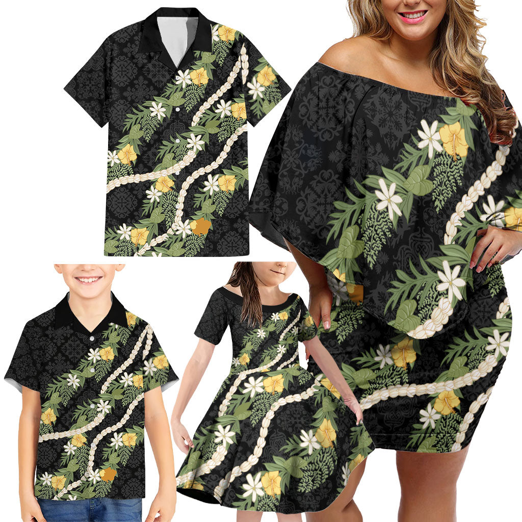 Puakenikeni Anthurium Pikake Lei Family Matching Off Shoulder Short Dress and Hawaiian Shirt Hawaiian Quilt Pattern LT9 - Polynesian Pride