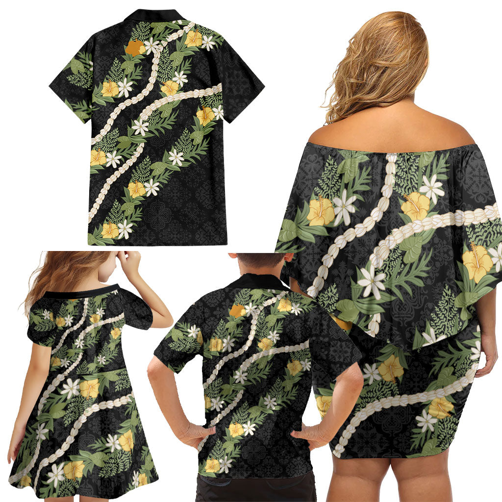 Puakenikeni Anthurium Pikake Lei Family Matching Off Shoulder Short Dress and Hawaiian Shirt Hawaiian Quilt Pattern LT9 - Polynesian Pride