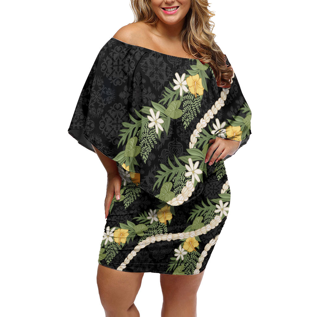 Puakenikeni Anthurium Pikake Lei Family Matching Off Shoulder Short Dress and Hawaiian Shirt Hawaiian Quilt Pattern LT9 Mom's Dress Black - Polynesian Pride