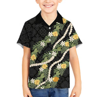 Puakenikeni Anthurium Pikake Lei Family Matching Off Shoulder Short Dress and Hawaiian Shirt Hawaiian Quilt Pattern LT9 Son's Shirt Black - Polynesian Pride
