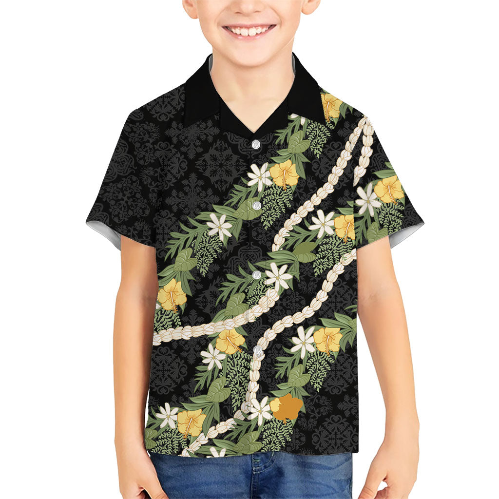 Puakenikeni Anthurium Pikake Lei Family Matching Summer Maxi Dress and Hawaiian Shirt Hawaiian Quilt Pattern LT9 Son's Shirt Black - Polynesian Pride