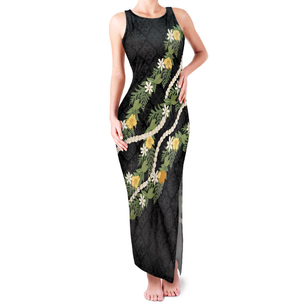 Puakenikeni Anthurium Pikake Lei Family Matching Tank Maxi Dress and Hawaiian Shirt Hawaiian Quilt Pattern LT9 Mom's Dress Black - Polynesian Pride