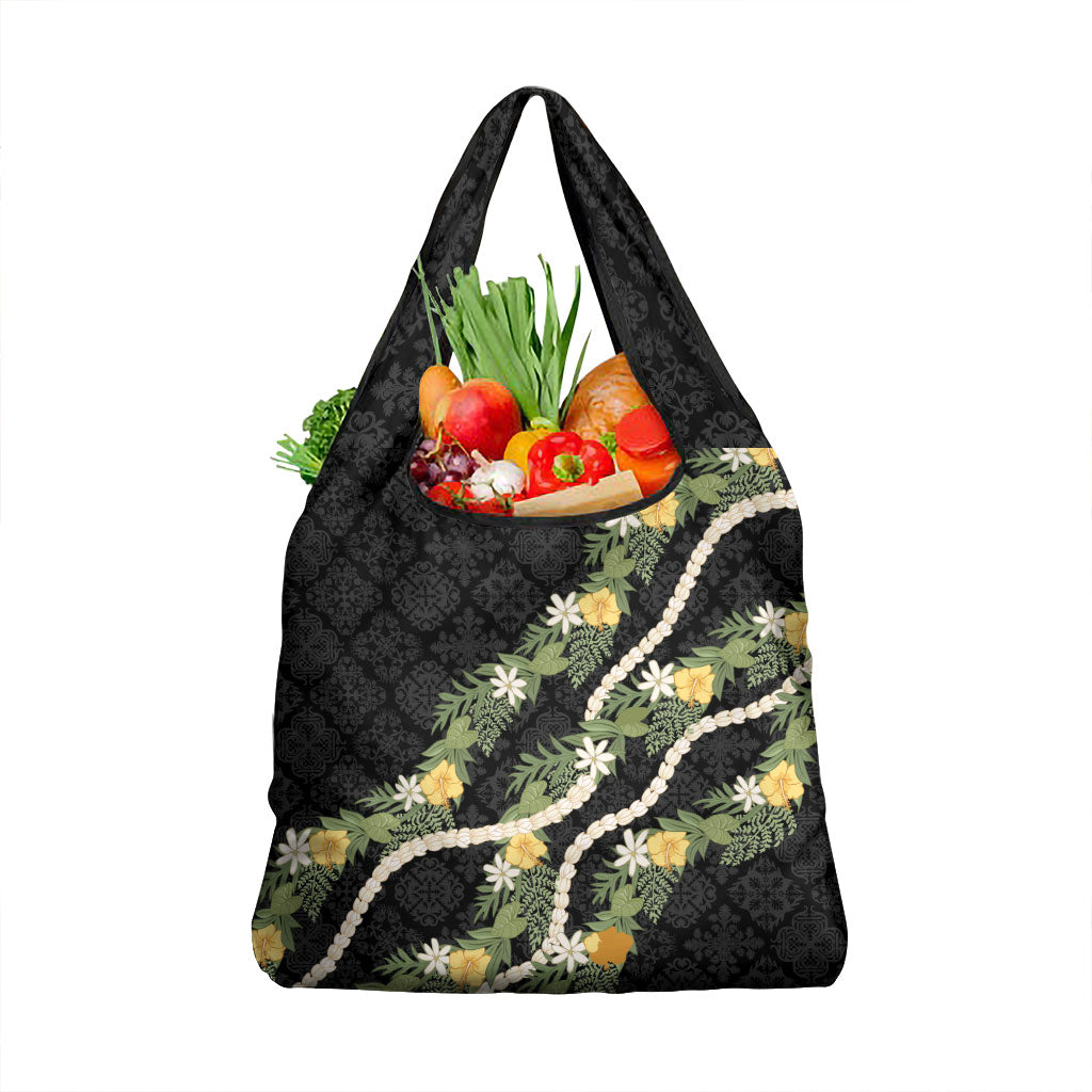 Puakenikeni Anthurium Pikake Lei Grocery Bag Hawaiian Quilt Pattern LT9 1-pack One Size Black - Polynesian Pride