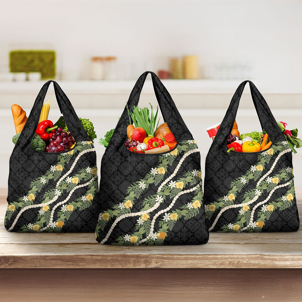 Puakenikeni Anthurium Pikake Lei Grocery Bag Hawaiian Quilt Pattern LT9 3-pack One Size Black - Polynesian Pride