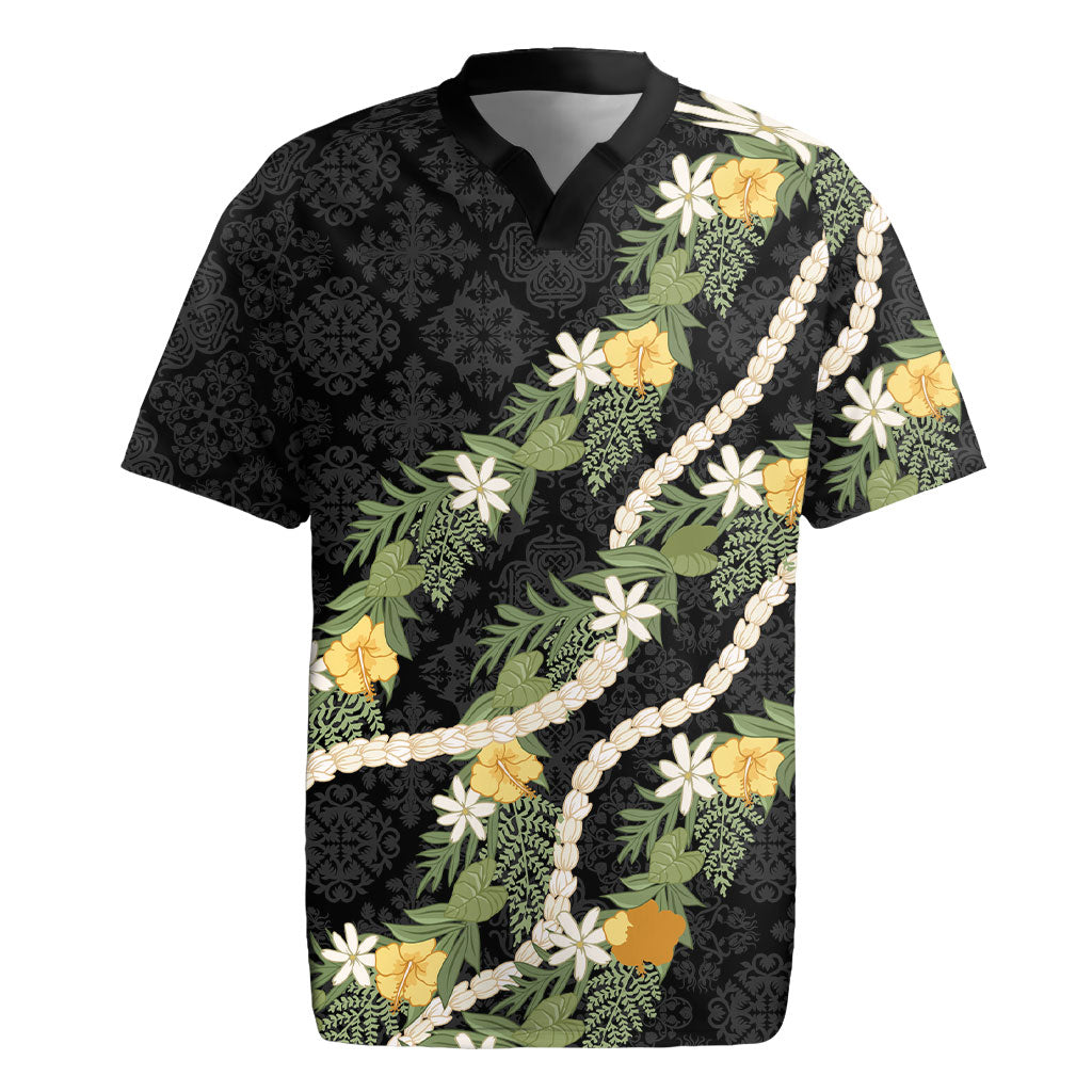 Puakenikeni Anthurium Pikake Lei Rugby Jersey Hawaiian Quilt Pattern LT9 Black - Polynesian Pride