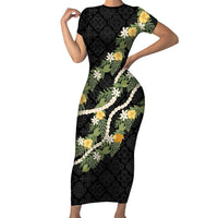 Puakenikeni Anthurium Pikake Lei Short Sleeve Bodycon Dress Hawaiian Quilt Pattern LT9 Long Dress Black - Polynesian Pride