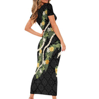 Puakenikeni Anthurium Pikake Lei Short Sleeve Bodycon Dress Hawaiian Quilt Pattern LT9 - Polynesian Pride