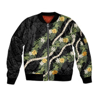 Puakenikeni Anthurium Pikake Lei Sleeve Zip Bomber Jacket Hawaiian Quilt Pattern LT9 Unisex Black - Polynesian Pride