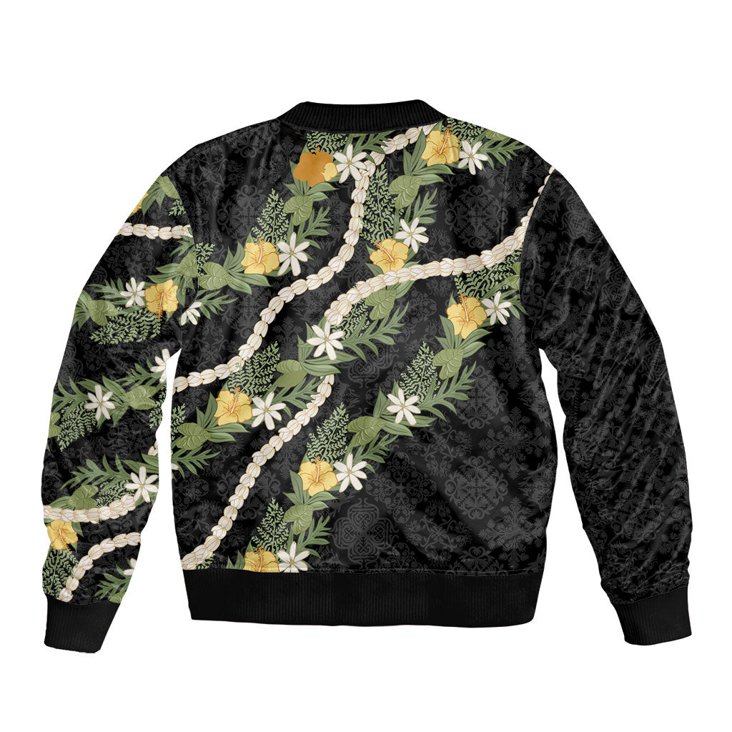 Puakenikeni Anthurium Pikake Lei Sleeve Zip Bomber Jacket Hawaiian Quilt Pattern LT9 - Polynesian Pride