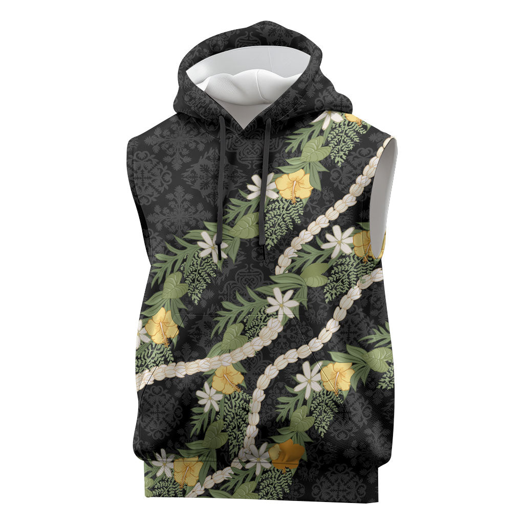 Puakenikeni Anthurium Pikake Lei Sleeveless Hoodie Hawaiian Quilt Pattern LT9 Black - Polynesian Pride