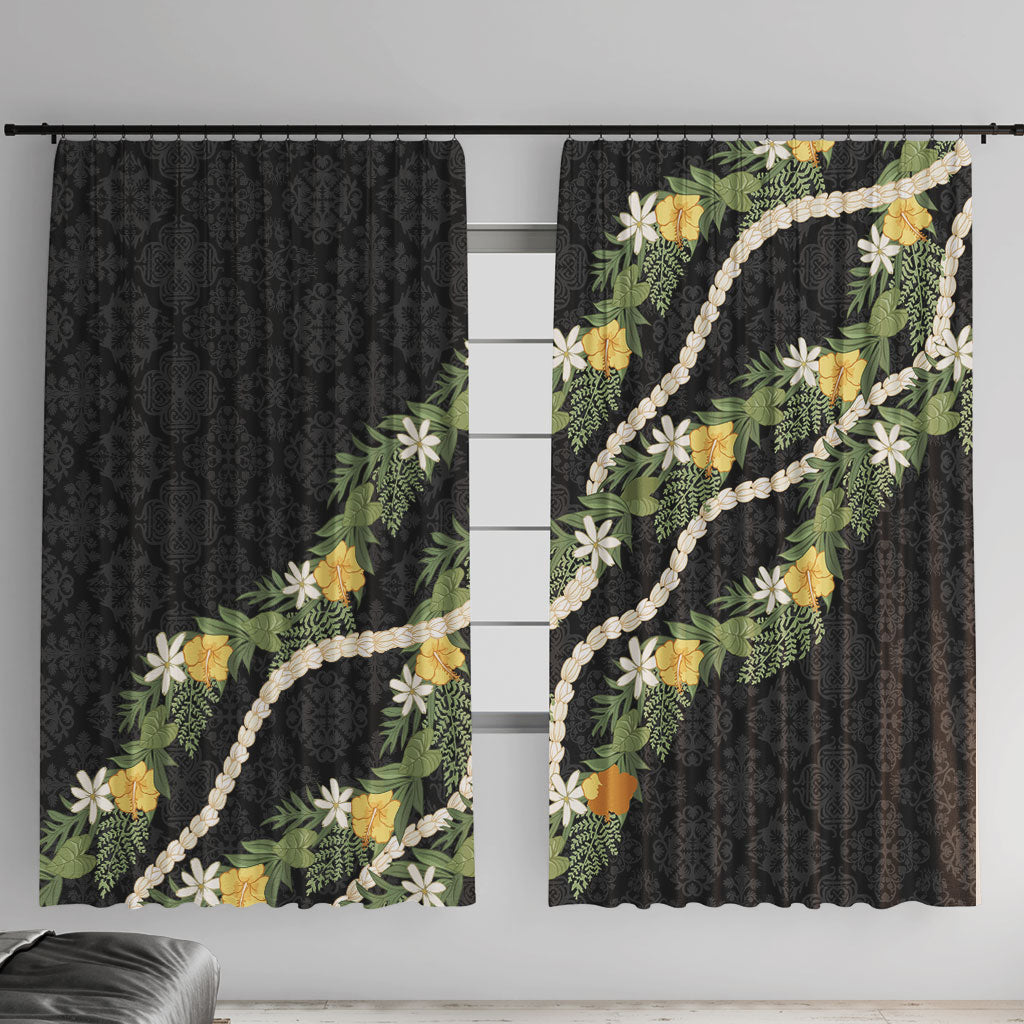 Puakenikeni Anthurium Pikake Lei Window Curtain Hawaiian Quilt Pattern LT9 With Hooks Black - Polynesian Pride