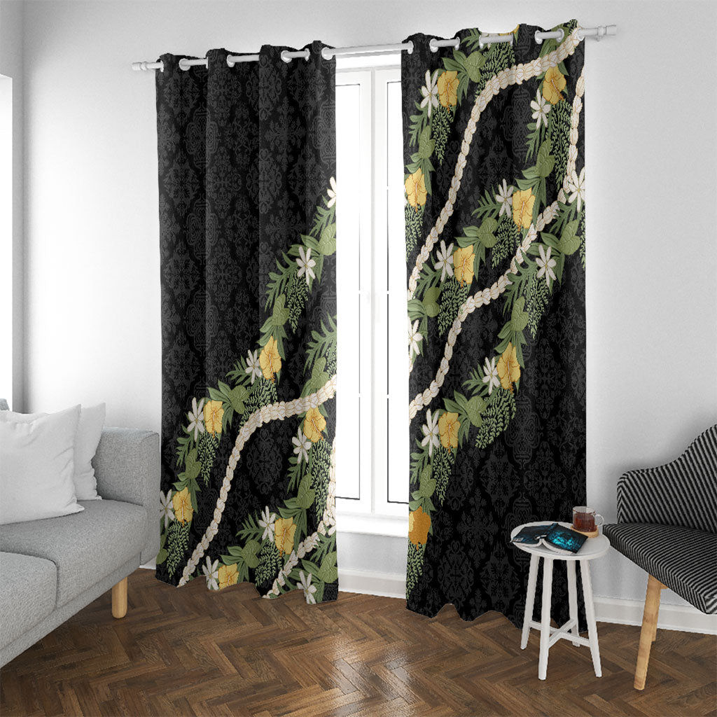 Puakenikeni Anthurium Pikake Lei Window Curtain Hawaiian Quilt Pattern LT9 With Grommets Black - Polynesian Pride