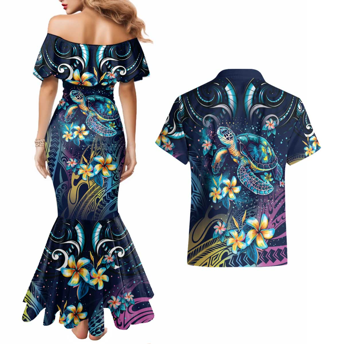 Plumeria Turtles Traditional Tribal Couples Matching Mermaid Dress and Hawaiian Shirt LT9 - Polynesian Pride