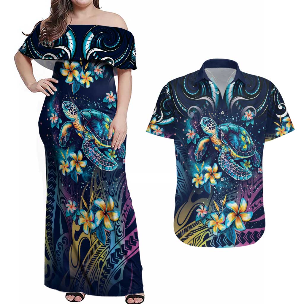 Plumeria Turtles Traditional Tribal Couples Matching Off Shoulder Maxi Dress and Hawaiian Shirt LT9 Black - Polynesian Pride