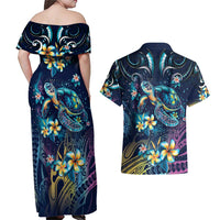 Plumeria Turtles Traditional Tribal Couples Matching Off Shoulder Maxi Dress and Hawaiian Shirt LT9 - Polynesian Pride