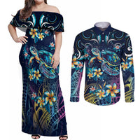 Plumeria Turtles Traditional Tribal Couples Matching Off Shoulder Maxi Dress and Long Sleeve Button Shirt LT9 Black - Polynesian Pride